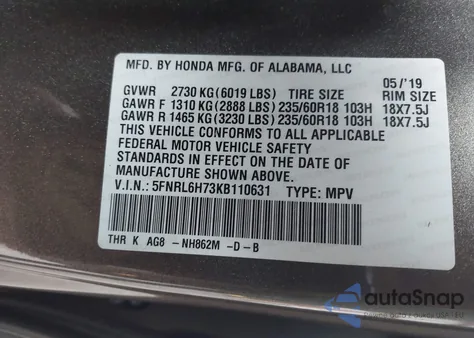 2019 Honda Odyssey Ex-L from USA, damaged, VIN 5FNRL6H73KB110631
